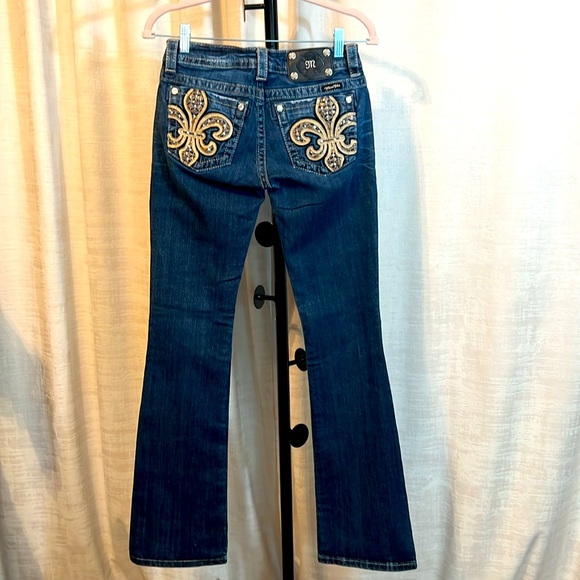 Miss Me  Size 26 Denim Rhinestone Sequin Leather Boot Cut Blue Jeans (0349) - Picture 6 of 13